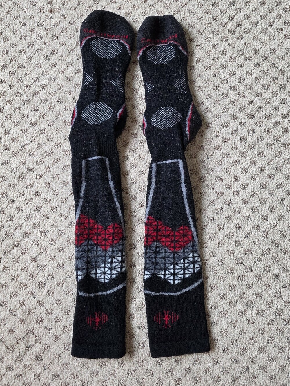 Smartwool Black Over Th Calf Washed Socks with Red & Gray Pattern